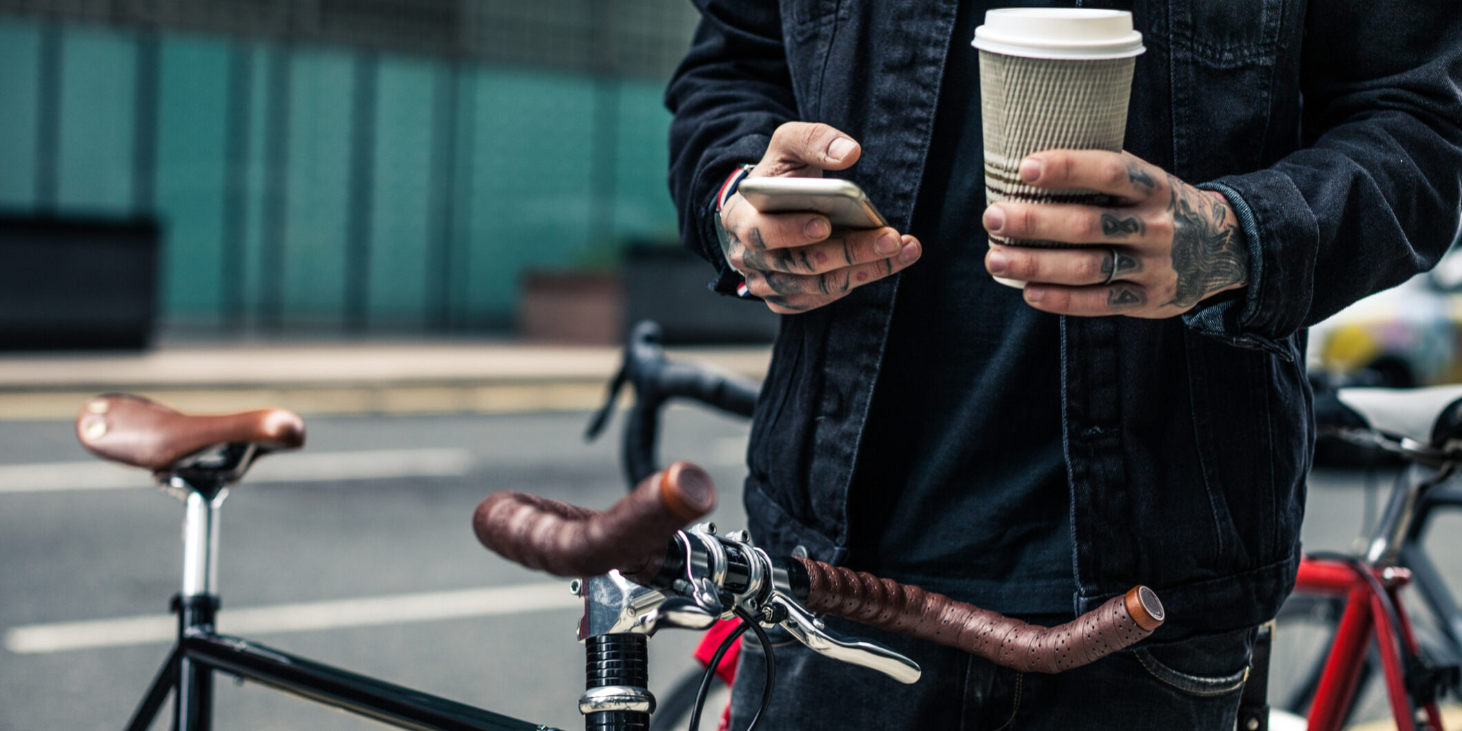 Commuter parking his bicycle outside the office